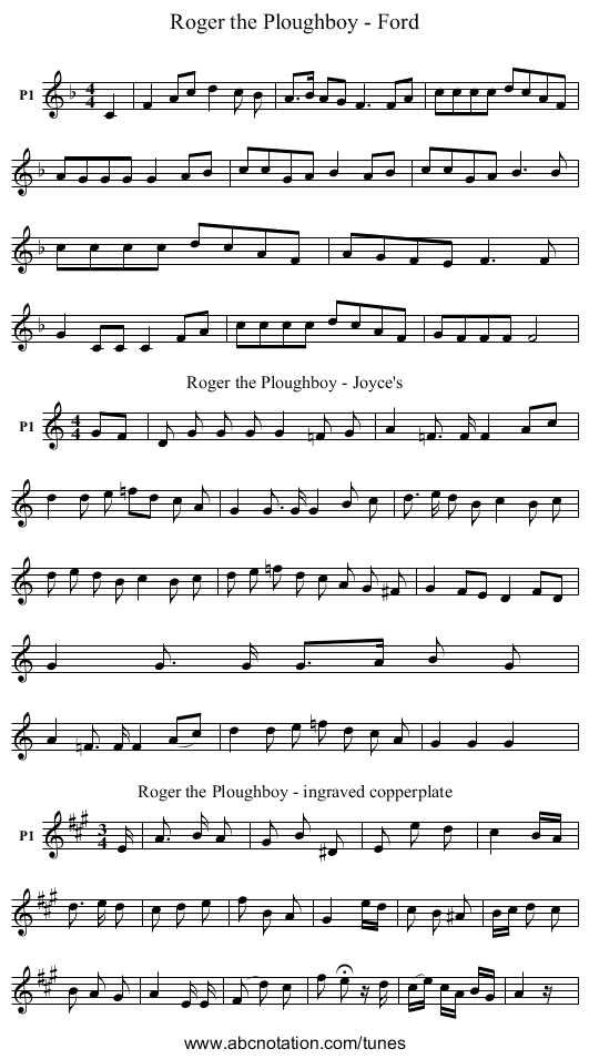 Roger the Ploughboy - Ford - staff notation