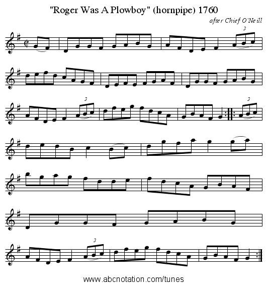 Roger Was A Plowboy (hornpipe) 1760 - staff notation