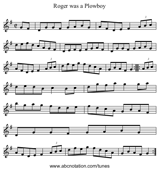 Roger was a Plowboy - staff notation