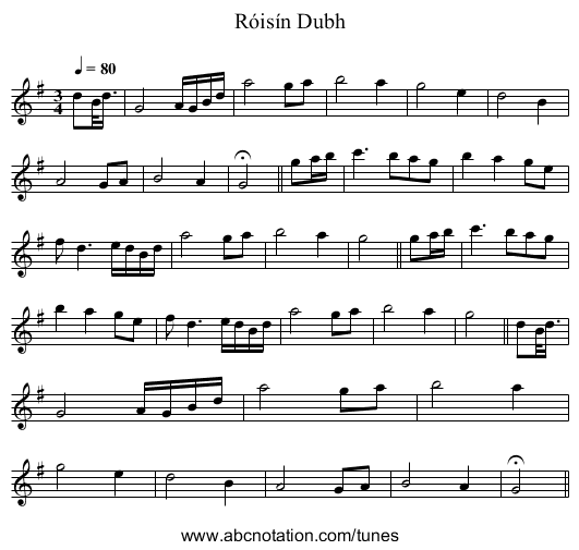 R&oacute;is&iacute;n Dubh - staff notation