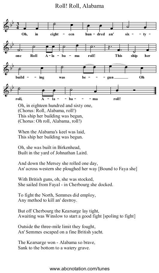 Roll, Alabama, Roll! - staff notation