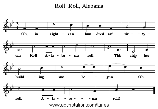 Roll, Alabama, Roll! - staff notation