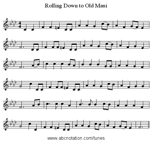 Rolling Down to Old Maui - staff notation