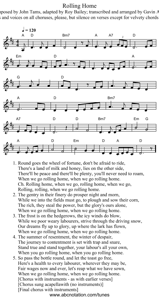 Rolling Home - staff notation