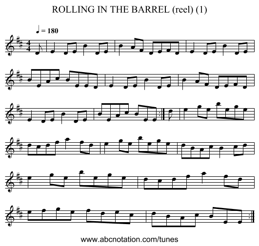 ROLLING IN THE BARREL (reel) (1) - staff notation