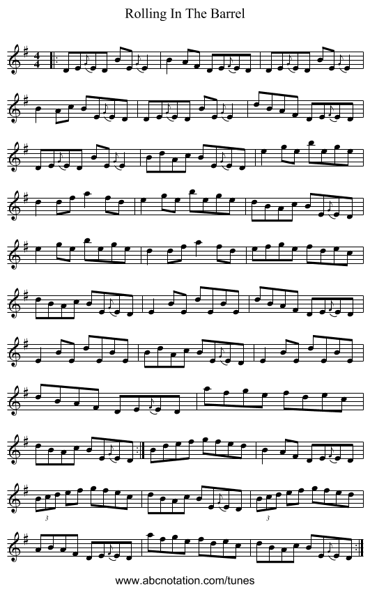 Rolling In The Barrel - staff notation