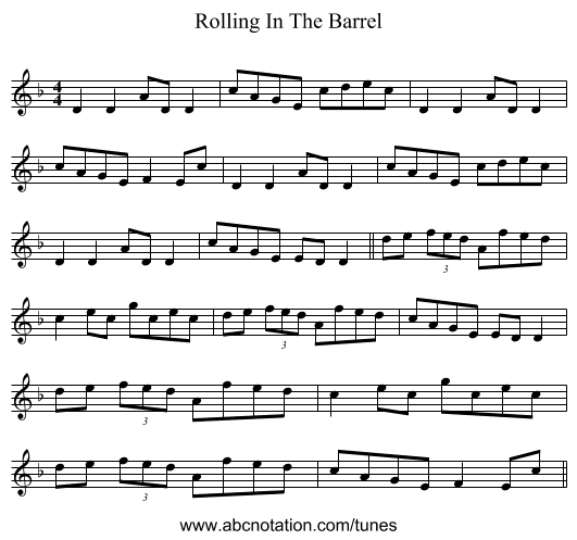 Rolling In The Barrel - staff notation