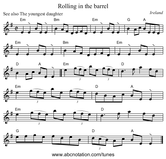 Rolling in the barrel - staff notation