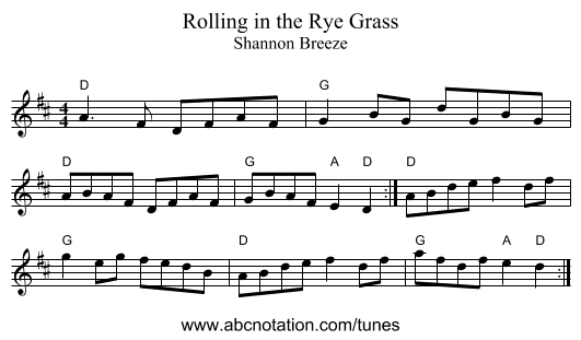 Rolling in the Rye Grass - staff notation