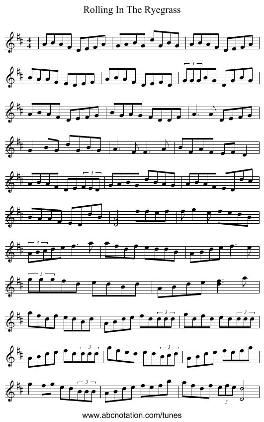 Rolling In The Ryegrass - staff notation