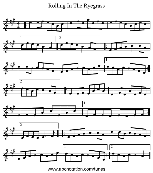 Rolling In The Ryegrass - staff notation