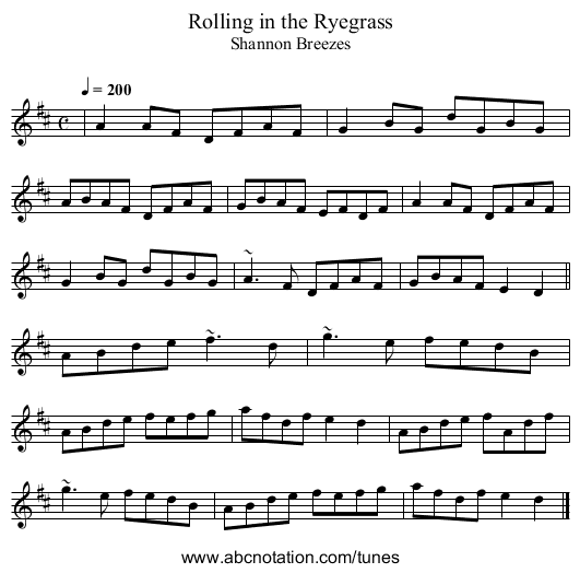 Rolling in the Ryegrass - staff notation