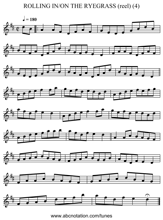 ROLLING IN/ON THE RYEGRASS (reel) (4) - staff notation