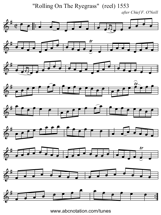 Rolling On The Ryegrass (reel) 1553 - staff notation