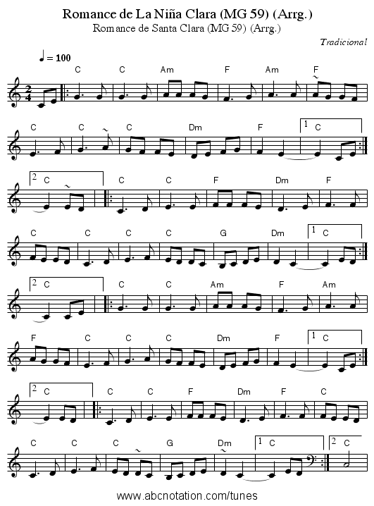 Romance de La Niña Clara (MG 59) (Arrg.) - staff notation