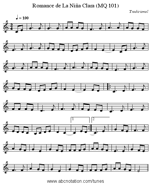Romance de La Niña Clara (MQ 101) - staff notation
