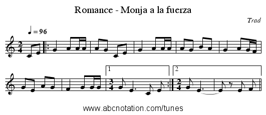 Romance - Monja a la fuerza - staff notation