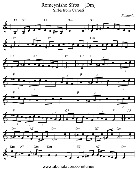 Romeynishe S&icirc;rba    [Dm] - staff notation