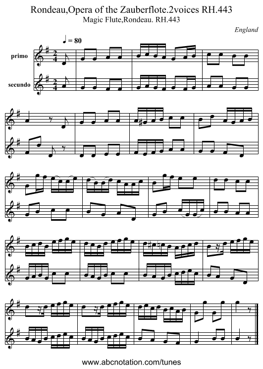 Rondeau,Opera of the Zauberflote.2voices RH.443 - staff notation