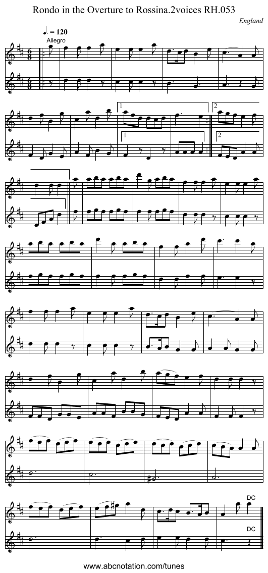 Rondo in the Overture to Rossina.2voices RH.053 - staff notation