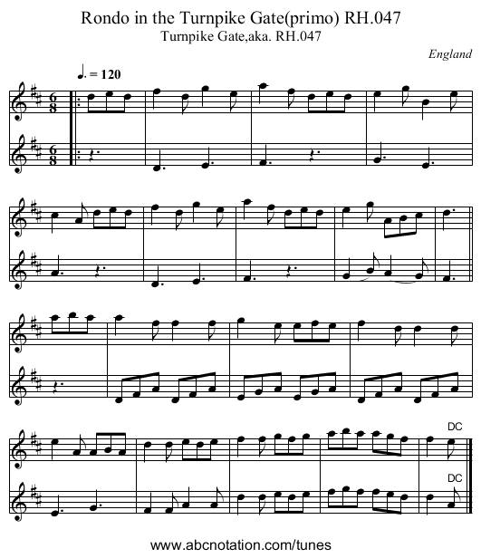Rondo in the Turnpike Gate(primo) RH.047 - staff notation