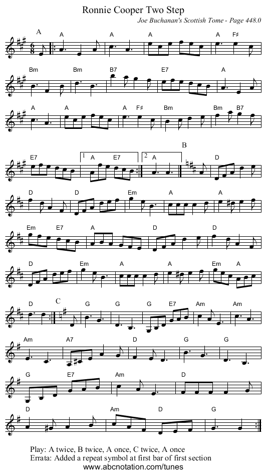 Ronnie Cooper Two Step - staff notation