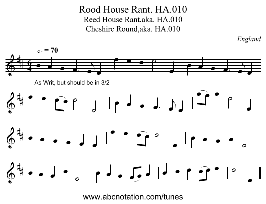 Rood House Rant. HA.010 - staff notation