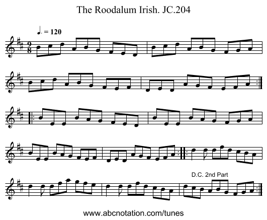 Roodalum Irish. JC.204, The - staff notation