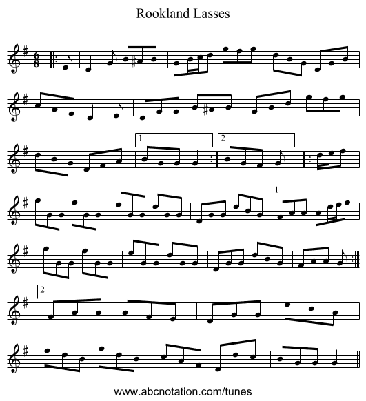 Rookland Lasses - staff notation