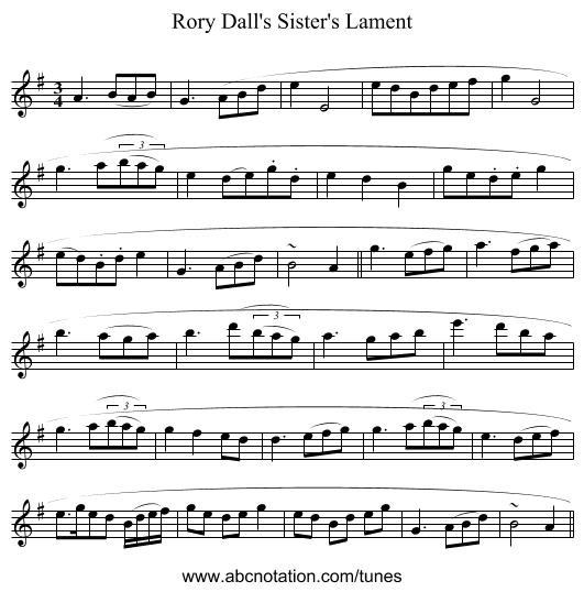 Rory Dall's Sister's Lament - staff notation