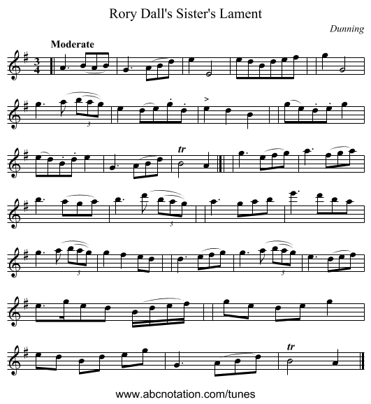 Rory Dall's Sister's Lament - staff notation