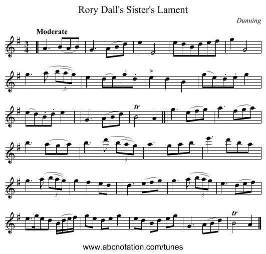 Rory Dall's Sister's Lament - staff notation