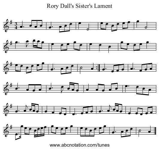 Rory Dall's Sister's Lament - staff notation