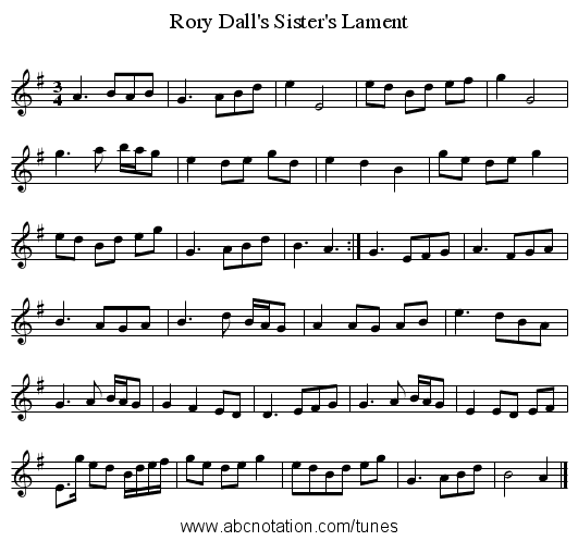 Rory Dall's Sister's Lament - staff notation
