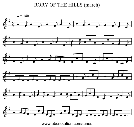 RORY OF THE HILLS (march) - staff notation