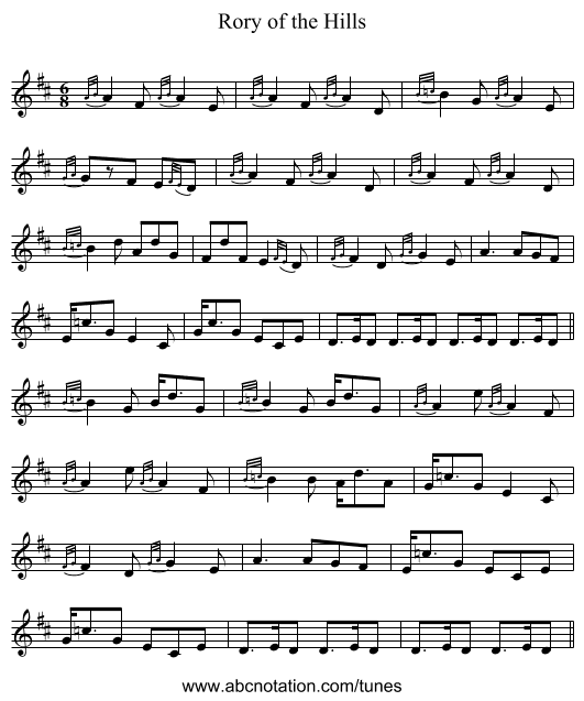 Rory of the Hills - staff notation