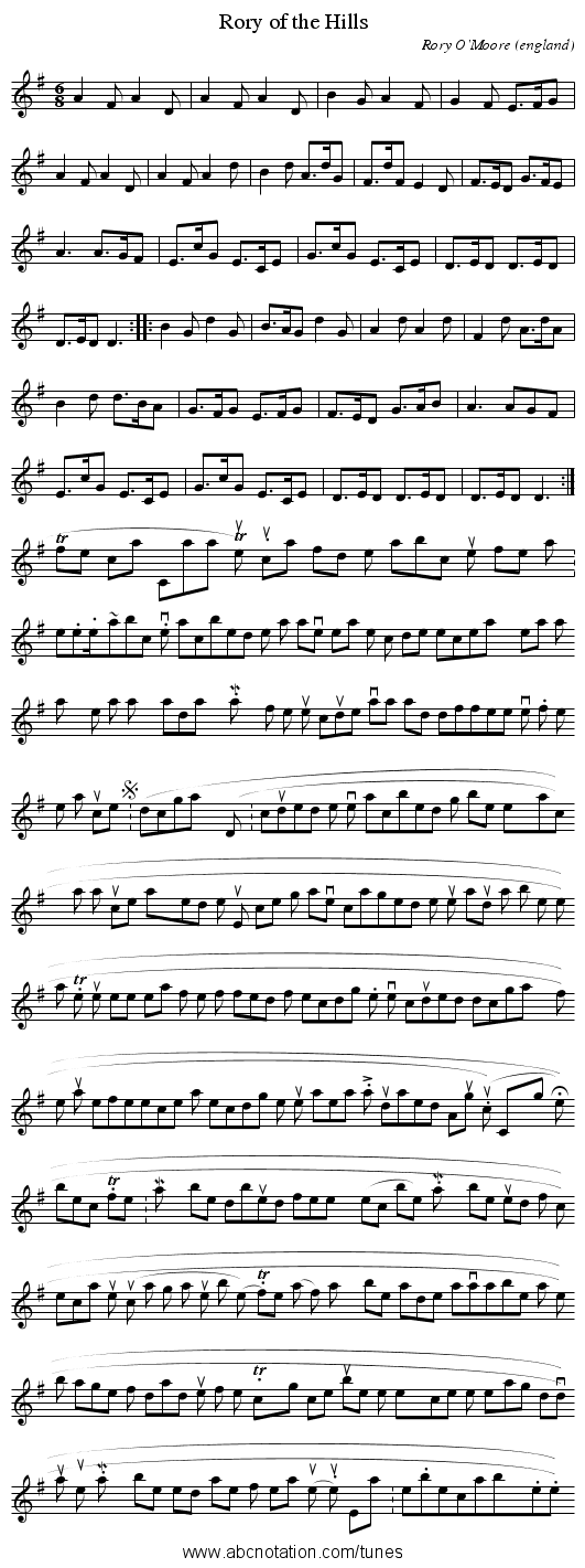 Rory of the Hills - staff notation