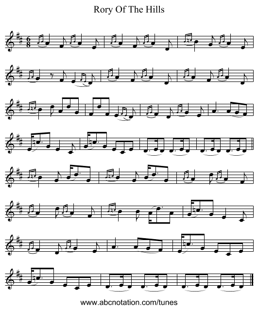 Rory Of The Hills - staff notation