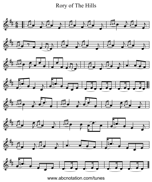 Rory of The Hills - staff notation