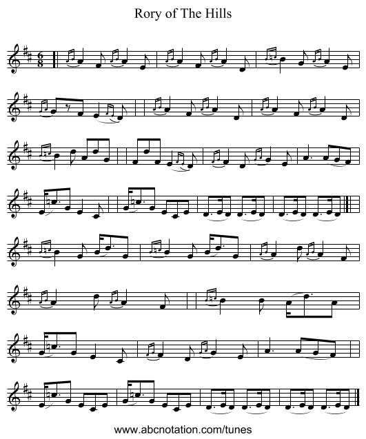 Rory of The Hills - staff notation