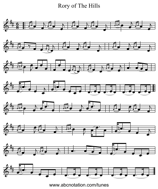 Rory of The Hills - staff notation