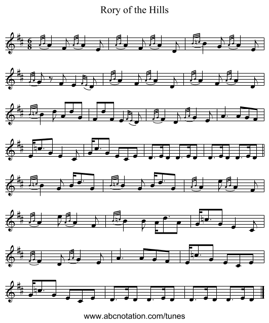 Rory of the Hills - staff notation