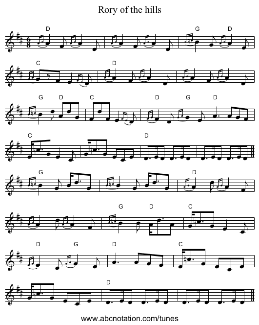 Rory of the hills - staff notation