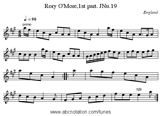 Rory O'More,1st part. JNu.19 - staff notation