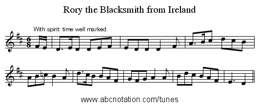 Rory the Blacksmith from Ireland - staff notation