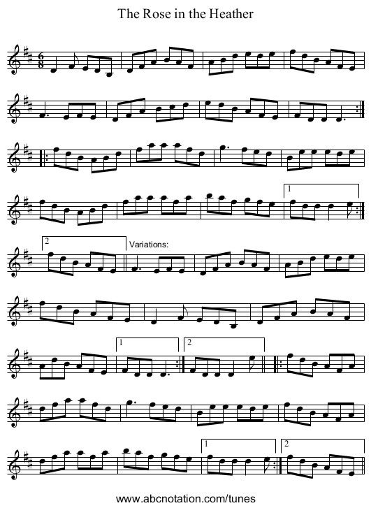 Rose in the Heather, The - staff notation