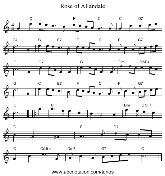 Rose of Allandale - staff notation