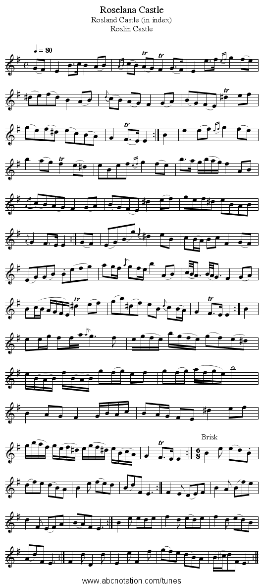 Roselana Castle - staff notation
