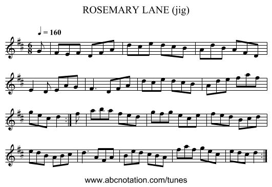 ROSEMARY LANE (jig) - staff notation