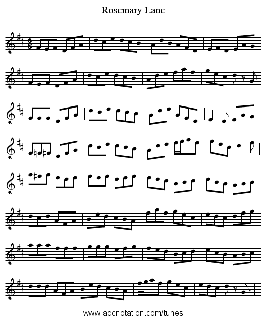 Rosemary Lane - staff notation